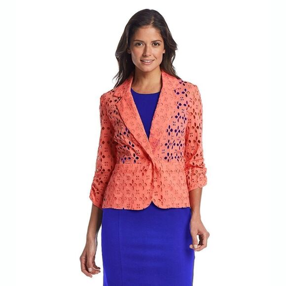 New! MADISON LEIGH Women's 1-Button Eyelet Blazer Jacket 100% Cotton Color Coral - Picture 2 of 3
